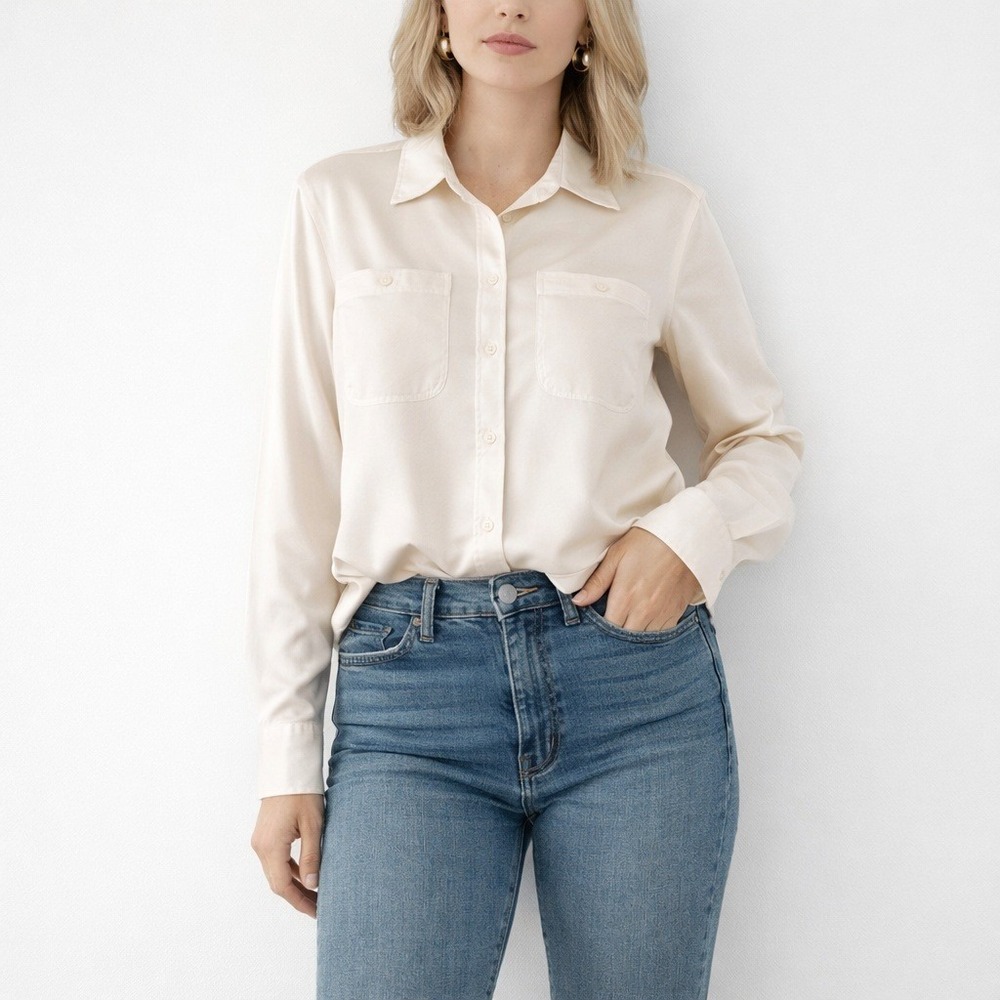 Lauren Ralph Lauren Ivory Silk-Look Button Down Blouse XXL Minimalist Classic